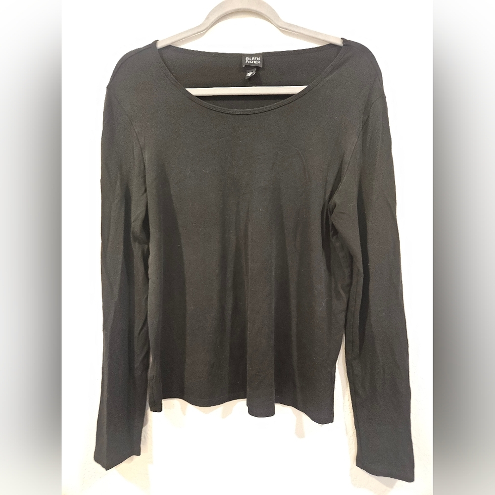 Eileen Fisher Black Long Sleeve Scoop Neck Top Viscose Spandex Womens Size Med - Picture 2 of 5